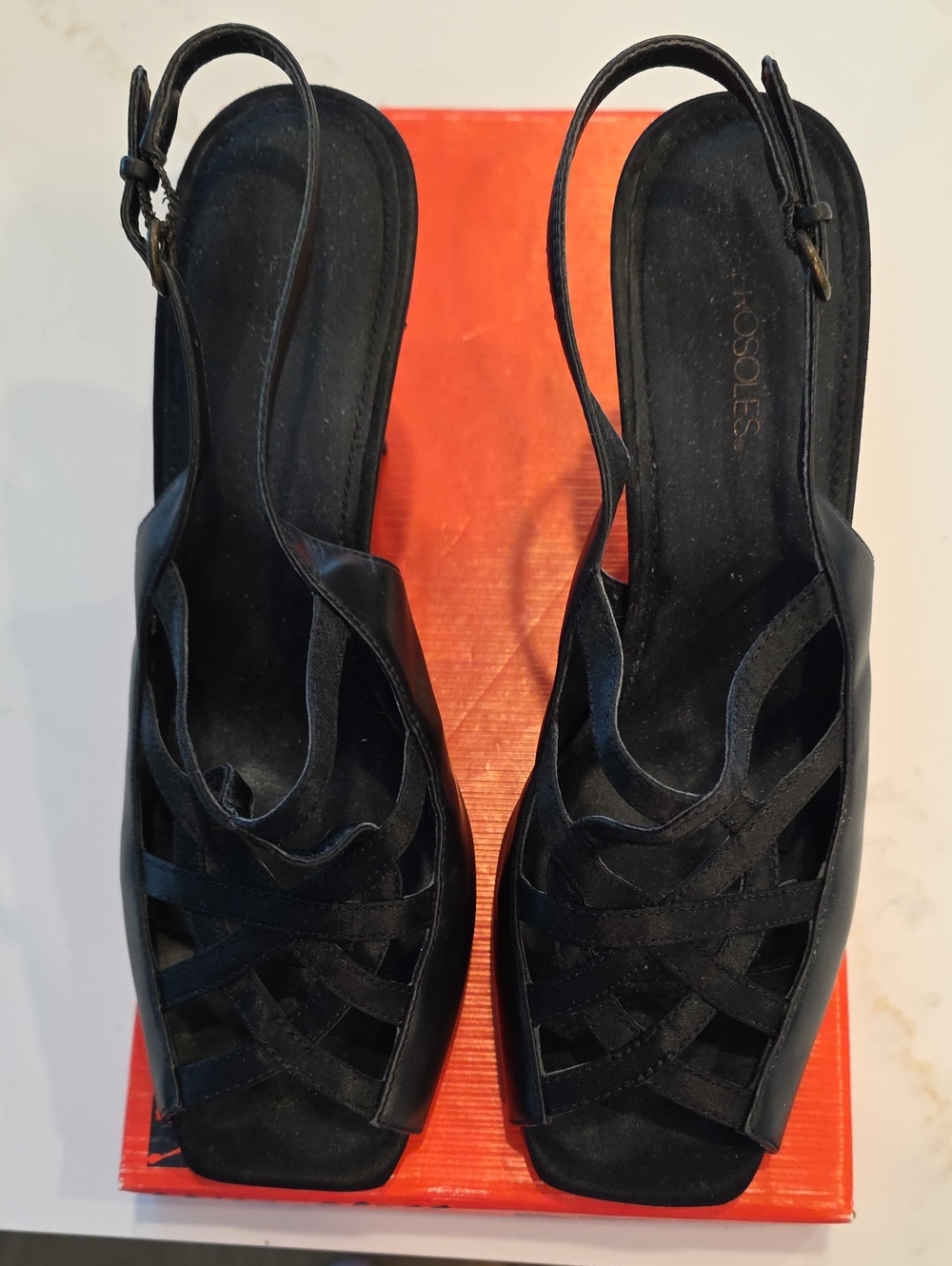 AEROSOLES Black Woven Leather Slingback Sandals With Cris Cros Leather Design.